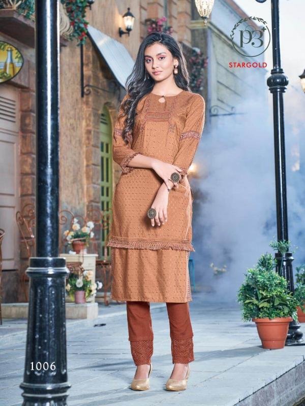 P3+ Star Gold Rayon Designer Kurti With Bottom Collection